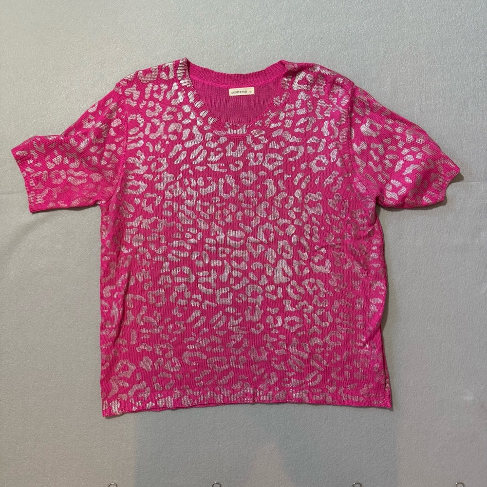 Pink and Metallic Silver Leopard Print Sweater
